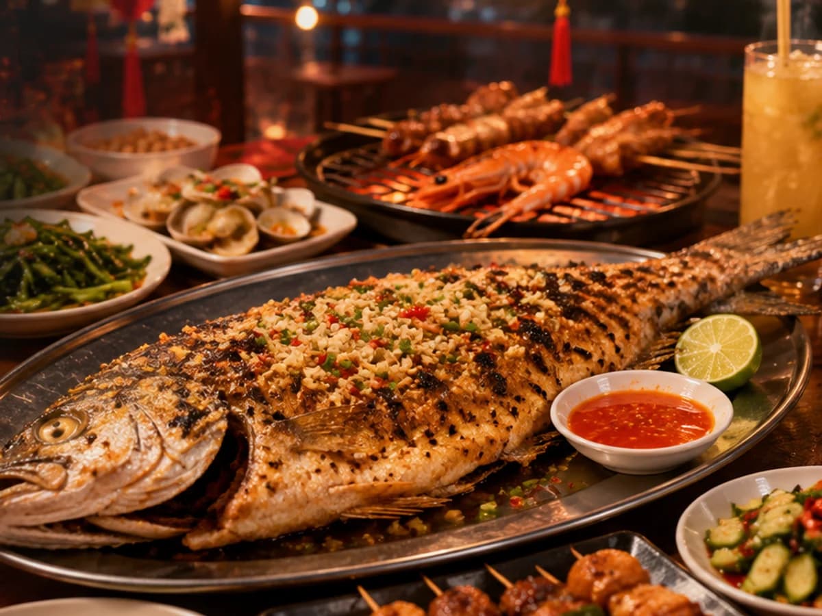 Grilled fish, BBQ grill and shared side dishes