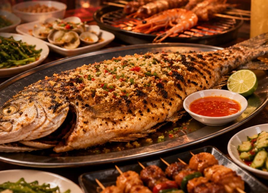 BBQ skewers, grilled fish and dishes arranged for sharing
