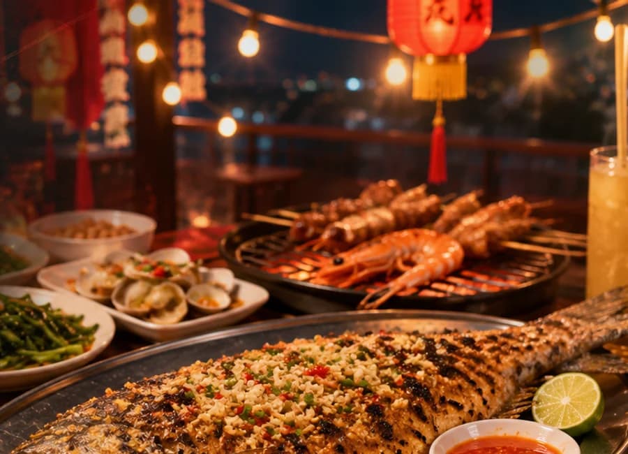 Warm lanterns and evening BBQ dining atmosphere